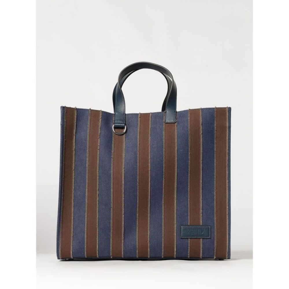 Fendi Men Two-Tone Striped Blue Cotton Denim Handbag Fendi